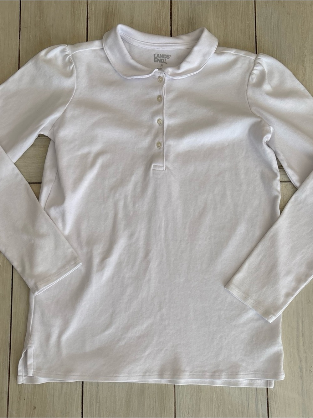 Lands End Girls White Collared Cotton Knit Long Sleeve Shirt 14-16 School